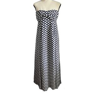 Silk J. Crew strapless maxi dress, navy blue with white dots, sz 0